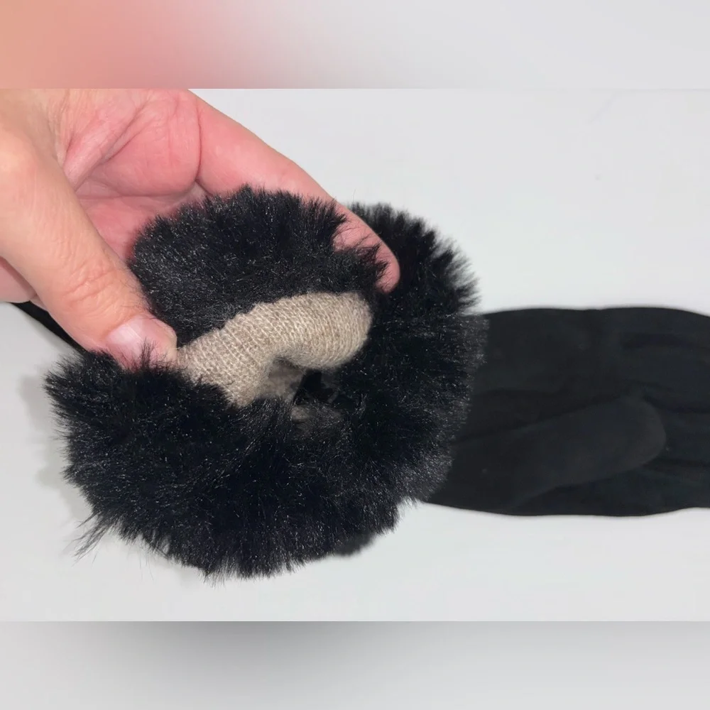 NEW Deer Suede Leather‎ Driving Gloves Skin Faux Fur Cuff Black Touchscreen Wool